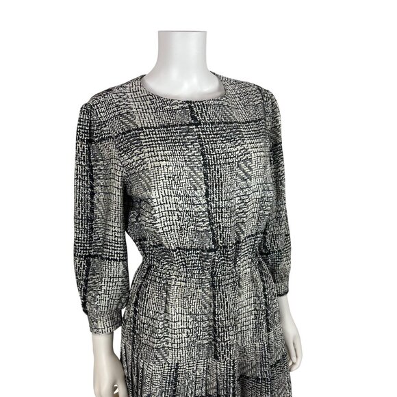 Vintage 80s Houndstooth Dress Womens Medium Black White Printed Day Sheath - Picture 7 of 10